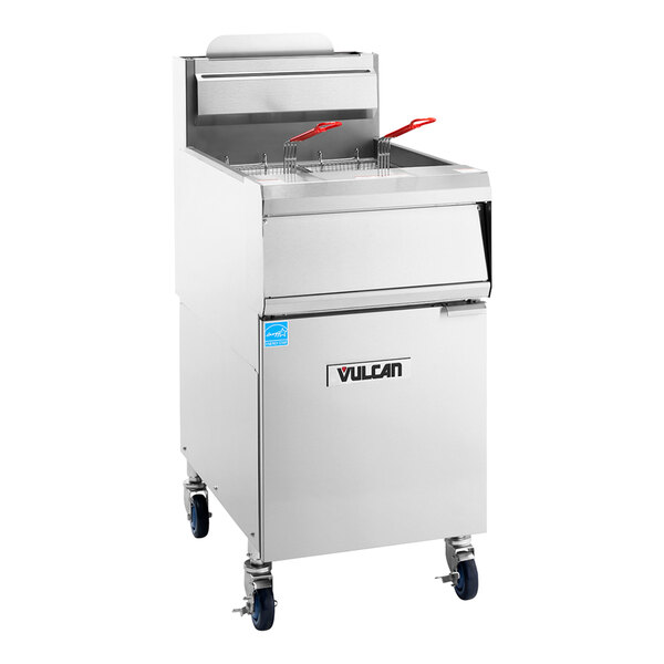 A commercial stainless steel floor fryer with two fryer baskets and analog controls, designed for liquid propane use.