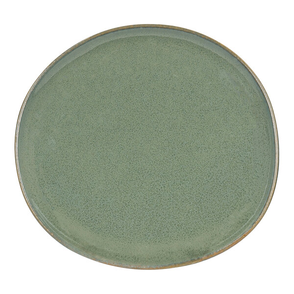 A green porcelain plate with a brown rim.