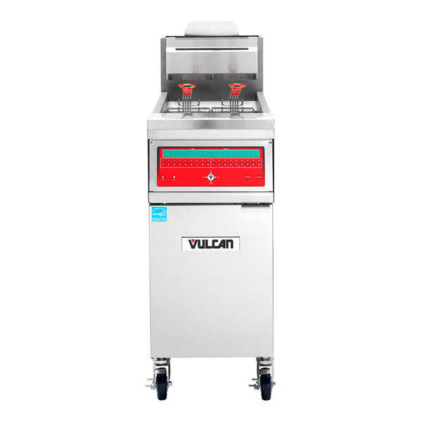 A commercial natural gas floor fryer with computer controls and a stainless steel exterior.