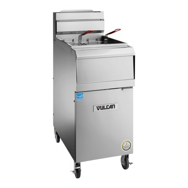 A Vulcan stainless steel floor gas fryer with analog controls.