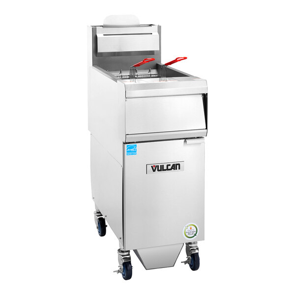 A commercial stainless steel floor fryer with two fryer baskets and caster wheels.