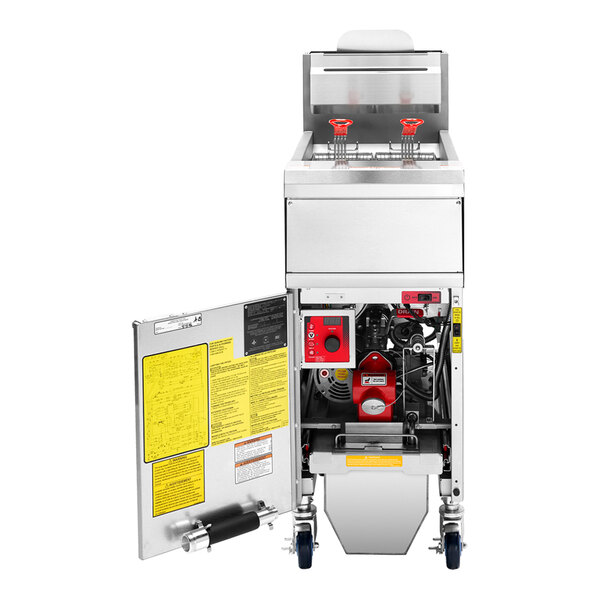 A commercial liquid propane floor fryer with analog controls and a built-in filtration system.