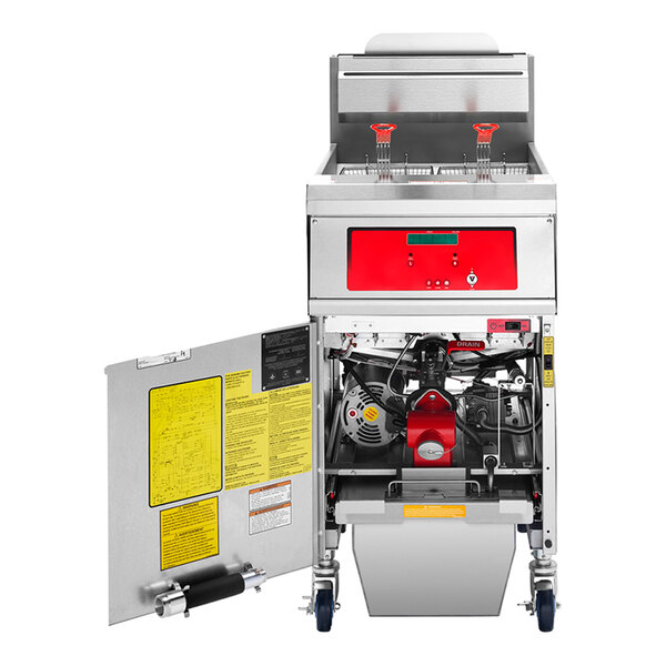 A commercial floor fryer with digital controls, two fryer baskets, and an open lower compartment showing internal components and filtration system.