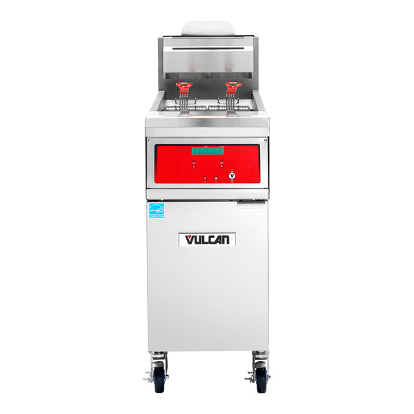 A commercial Vulcan floor fryer with digital controls and two fryer baskets.