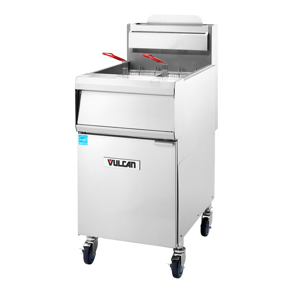 A commercial stainless steel floor fryer with two fryer baskets and caster wheels.