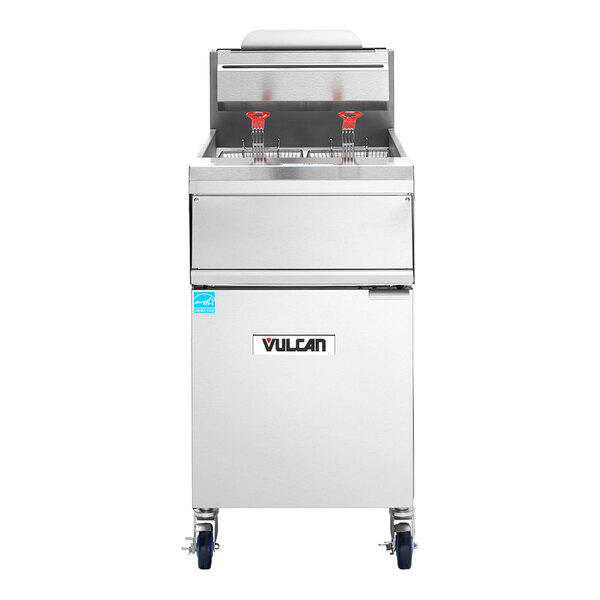 A commercial natural gas floor fryer with analog controls and two fryer baskets.