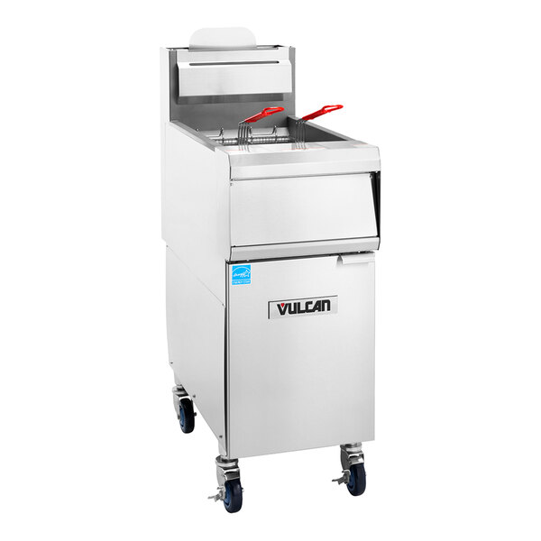 A commercial stainless steel floor fryer with two fryer baskets and analog controls, designed for high-capacity frying.