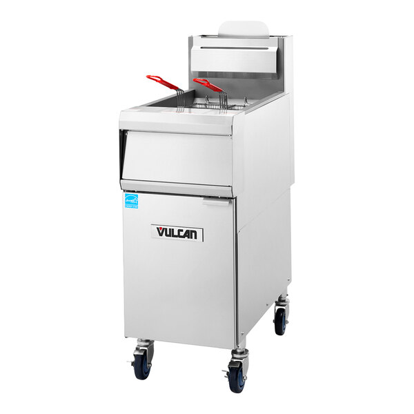 A commercial stainless steel floor fryer with two fryer baskets and wheels, branded Vulcan.