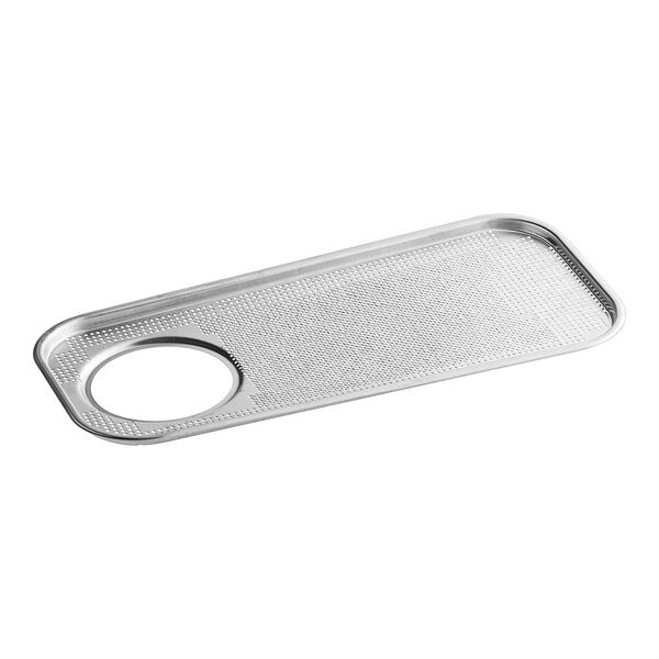 A silver metal MainStreet Equipment tank tray with a hole in the middle.