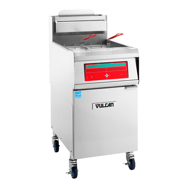 A commercial natural gas floor fryer with computer controls and two fryer baskets.