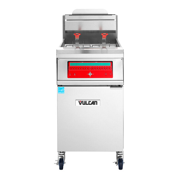 A commercial natural gas floor fryer with computer controls and two fryer baskets.