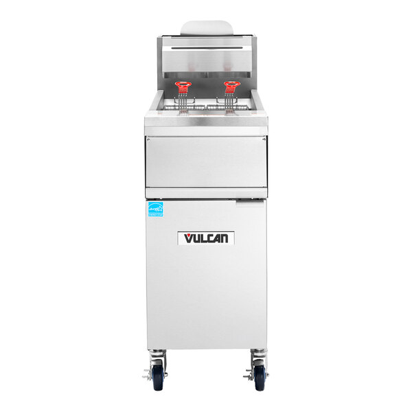 A commercial stainless steel floor fryer with analog controls and two fryer baskets.