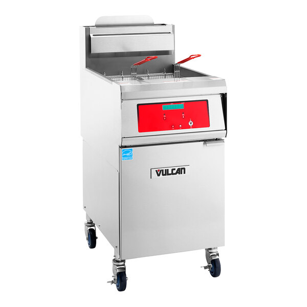 A commercial natural gas floor fryer with digital controls and two fryer baskets.