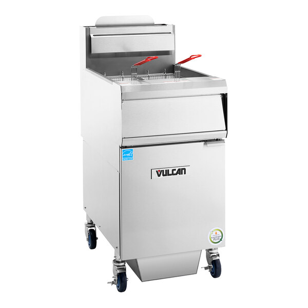 A commercial natural gas floor fryer with analog controls and built-in filtration system.