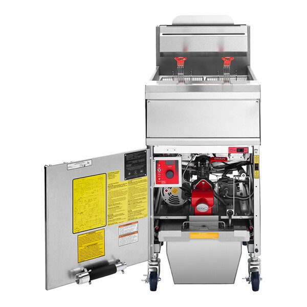 A commercial natural gas floor fryer with analog controls and a built-in filtration system, featuring two fryer baskets and an open access maintenance door.
