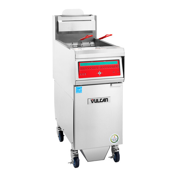A commercial liquid propane floor fryer with computer controls and filtration system.