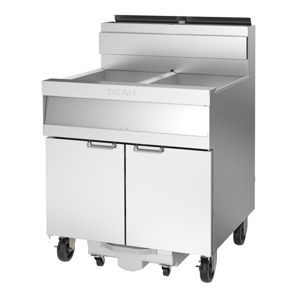 Dean by Frymaster PowerRunner 4FPRG50T Liquid Propane Floor Fryer with (4) 50 lb. Fry pots, Thermatron Controller, and Built-In Filtration - 480,000 BTU