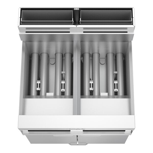 Dean by Frymaster PowerRunner 2FPRG50T Liquid Propane Floor Fryer with (2) 50 lb. Fry pots, Digital Timer Controller, and Built-In Filtration - 240,000 BTU
