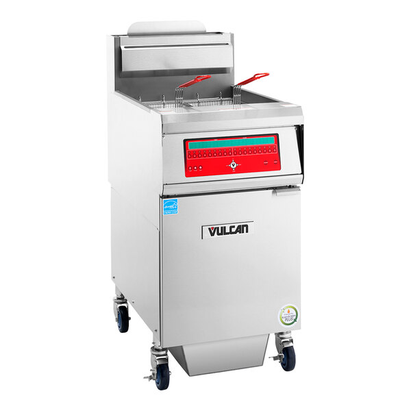 A commercial natural gas floor fryer with computer controls and built-in filtration system.