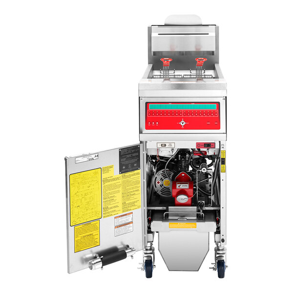 A commercial natural gas floor fryer with computer controls and an integrated filtration system.