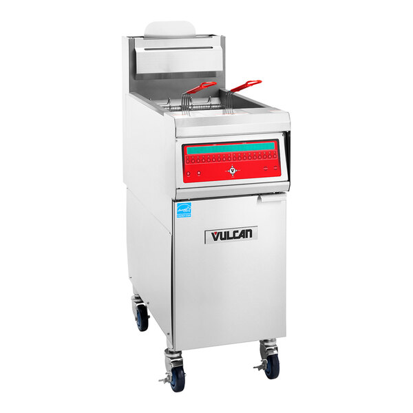 A commercial liquid propane floor fryer with computer controls and two fryer baskets.