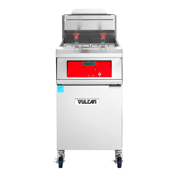 A commercial floor fryer with digital controls and two fryer baskets, branded Vulcan.