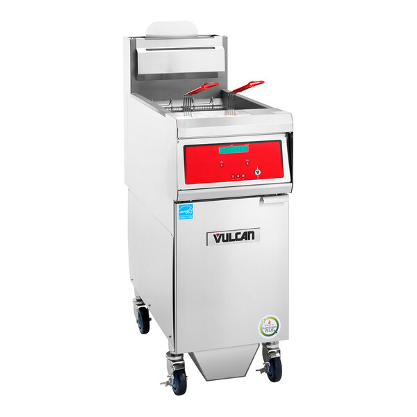 A commercial natural gas floor fryer with digital controls and built-in filtration system.