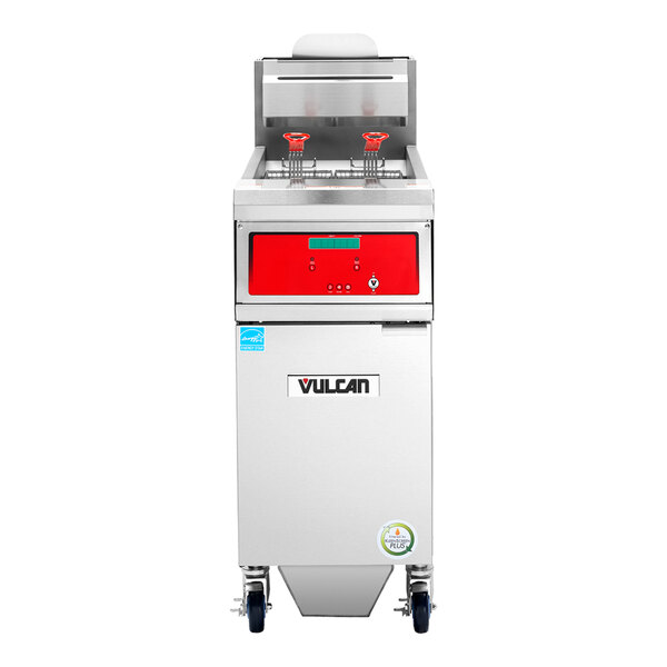 A commercial natural gas floor fryer with digital controls and built-in filtration system.