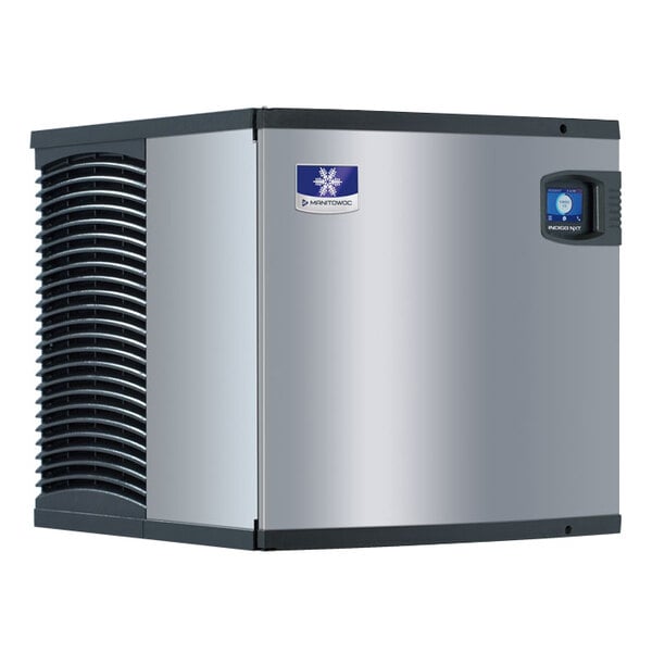 A silver and black Manitowoc water cooled ice machine with blue and black trim.