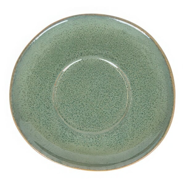 A green porcelain saucer with a round rim.