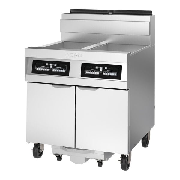Dean by Frymaster PowerRunner 4FPRG50T Liquid Propane Floor Fryer with (4) 50 lb. Fry pots, CM3.5 Controller, and Built-In Filtration - 480,000 BTU