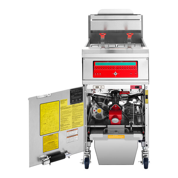 A commercial floor fryer with computer controls, two fryer baskets, and an open front panel revealing internal components and filtration system.