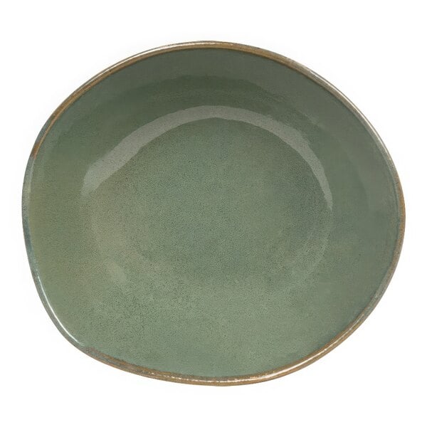 A moss green bowl with a white border.
