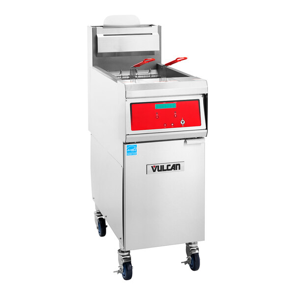 A commercial natural gas floor fryer with digital controls and two fryer baskets.