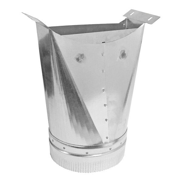 A silver metal bucket with holes on the bottom.