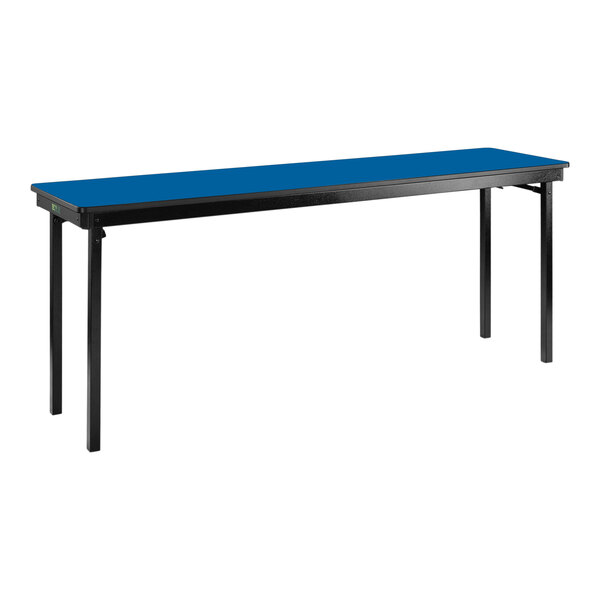 A National Public Seating Persian Blue rectangular table with black legs.