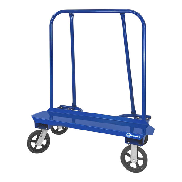 A blue Jescraft drywall cart with black wheels.