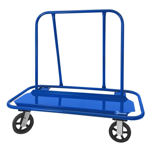 A blue Jescraft drywall cart with black wheels.