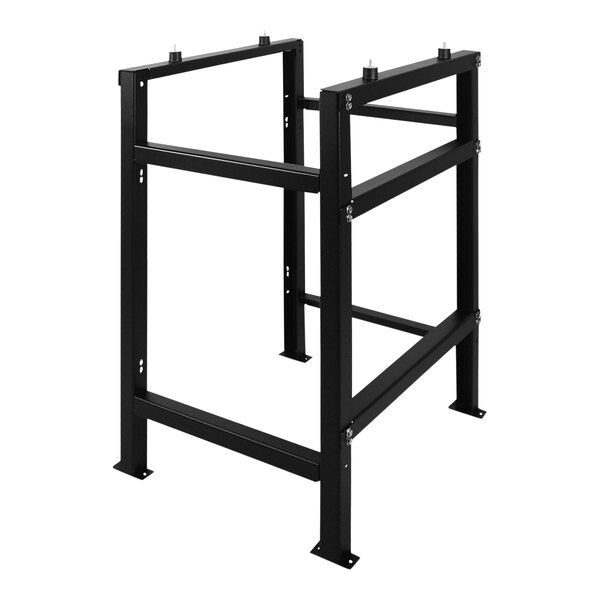 A black powder-coated steel floor stand with two legs.