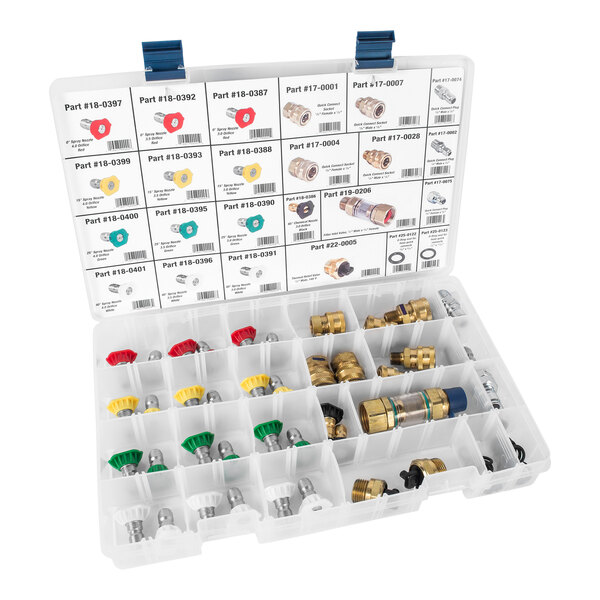 A white plastic case with various Mi-T-M pressure washer replacement parts.