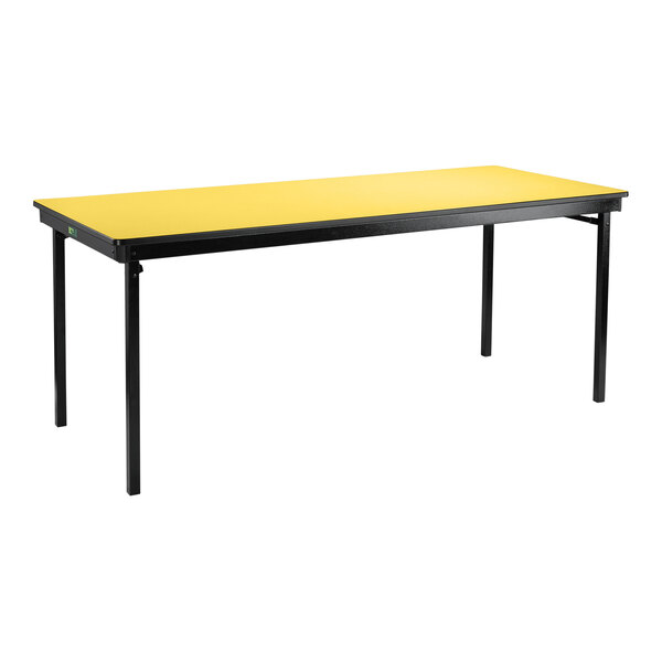 A yellow rectangular National Public Seating table with black legs and a black edge.