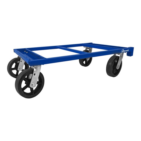 A blue metal Jescraft flat dolly with black wheels.