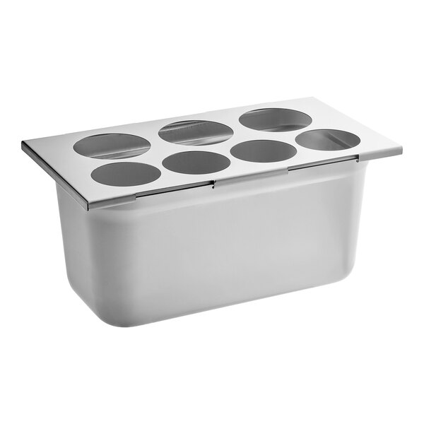 A stainless steel Choice squeeze bottle holder with seven holes.