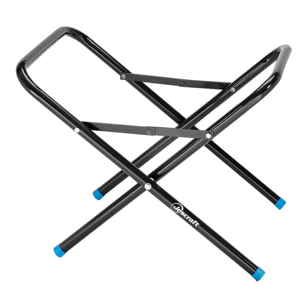 A black and blue steel stand for Jescraft mortar pans.