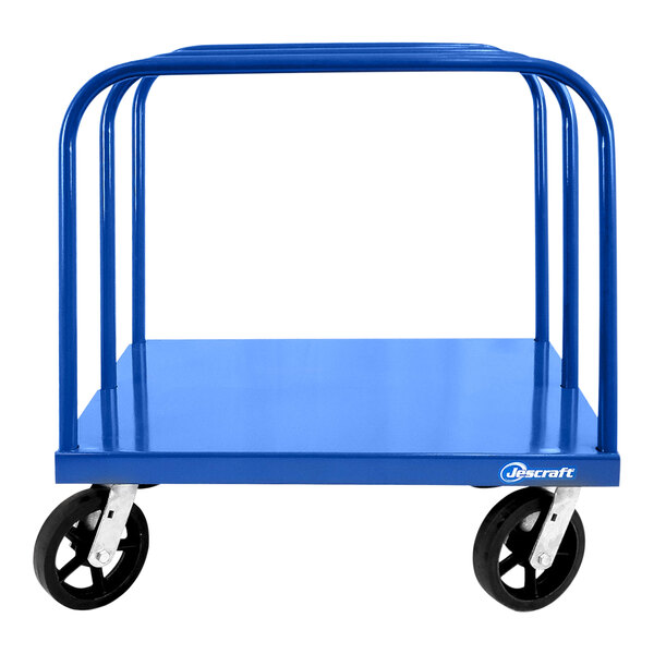 A blue Jescraft steel panel cart with black wheels.