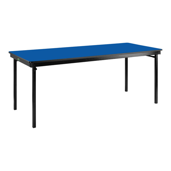 A Persian Blue rectangular National Public Seating table with black legs.