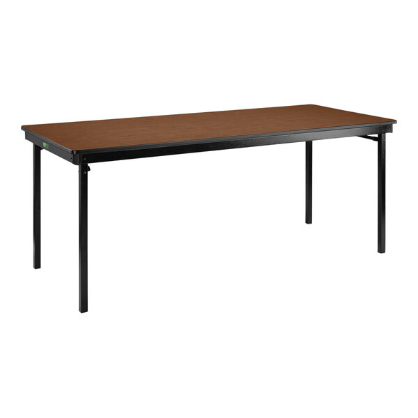 A brown rectangular National Public Seating table with black legs.