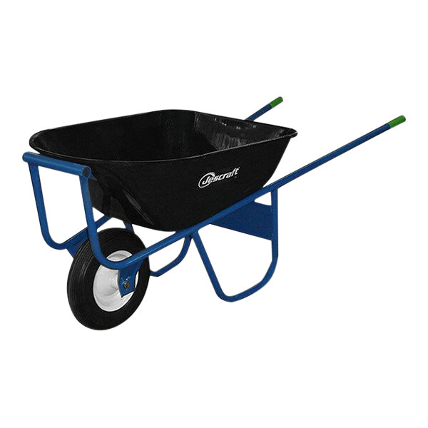 A black Jescraft wheelbarrow with blue handles.