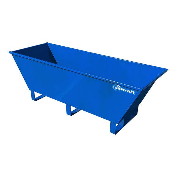 A blue heavy-duty steel self-dumping hopper with a white logo.