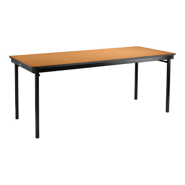 A National Public Seating rectangular folding table with a T-molded edge and a brown surface.